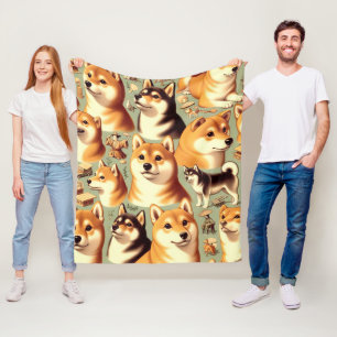 Vintage Shiba Inu Seamless Pattern Fleece Blanket
