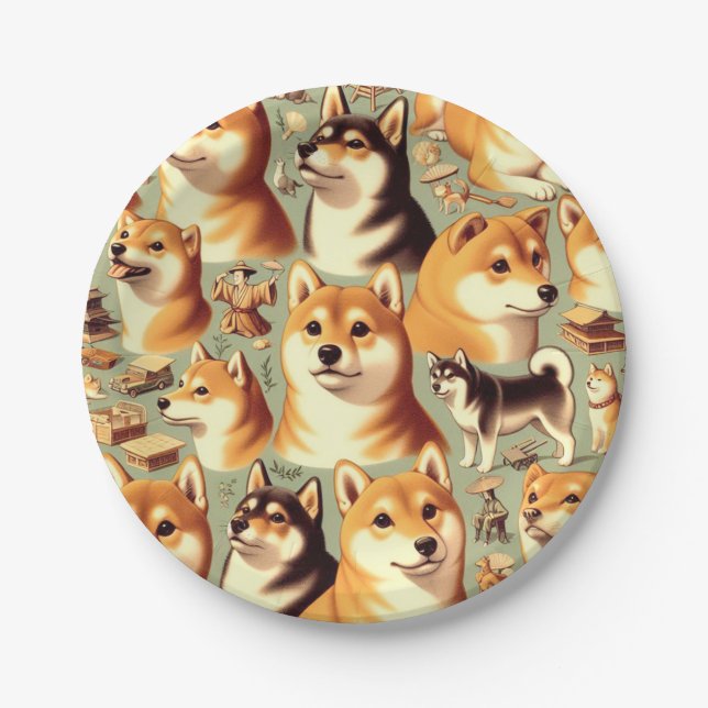 Vintage Shiba Inu Seamless Pattern Paper Plates (Front)