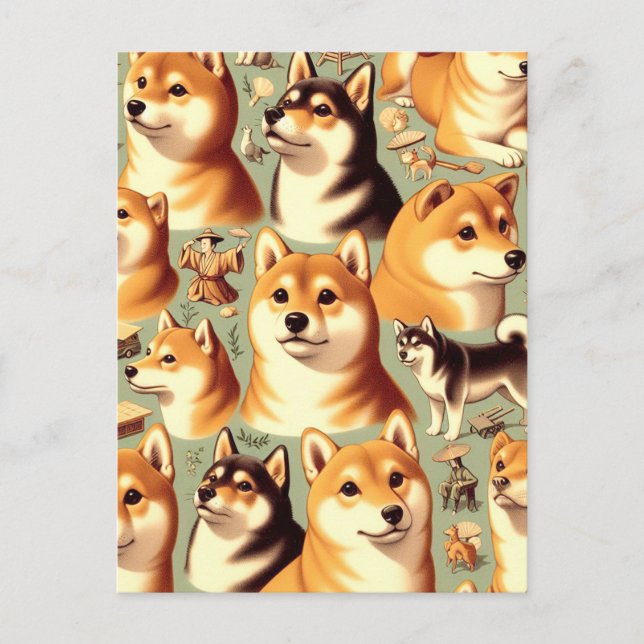 Vintage Shiba Inu Seamless Pattern Postcard (Front)