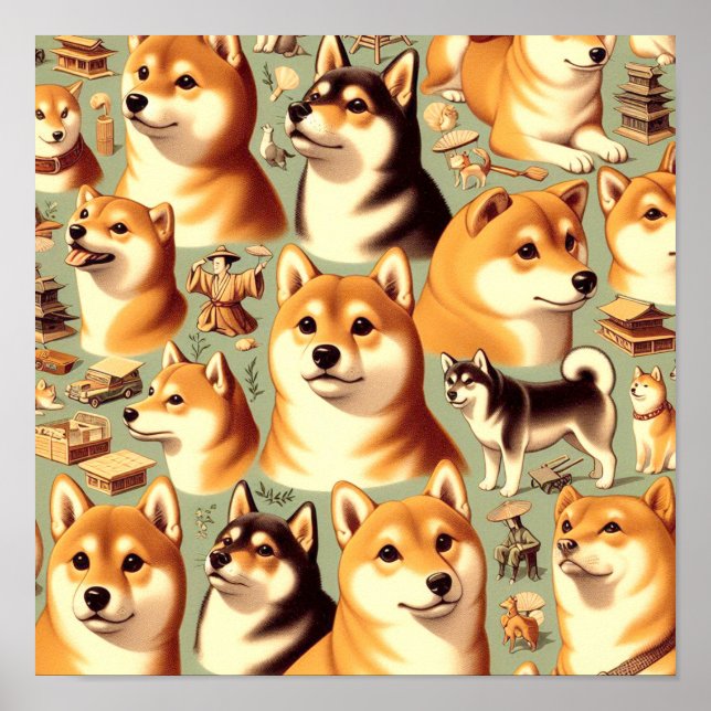 Vintage Shiba Inu Seamless Pattern Poster (Front)