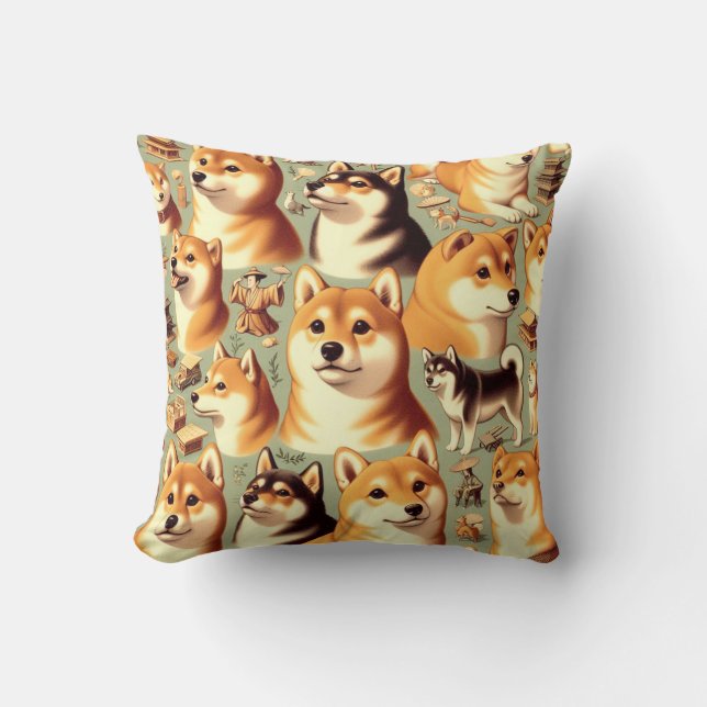 Vintage Shiba Inu Seamless Pattern Throw Pillow (Front)