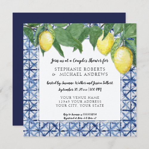 Vintage Shibori Indigo Blue w Lemon Couples Shower Invitation