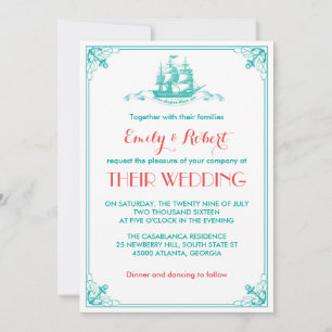 Vintage Ship Anchor Wedding Invitation Teal Coral