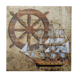 Vintage Ship and Helm Ceramic Tile