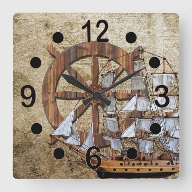 Vintage Ship and Helm Square Wall Clock (Front)