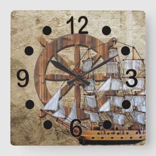 Vintage Ship and Helm Square Wall Clock