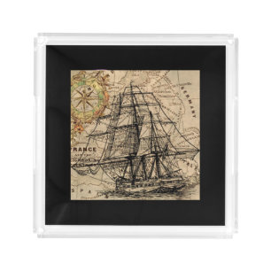 Vintage Ship And Map Acrylic Tray