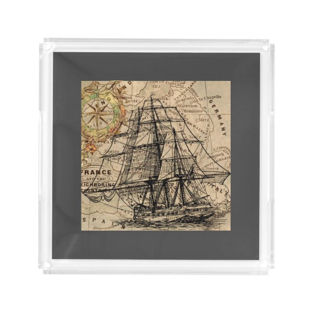 Vintage Ship And Map Acrylic Tray (Front)