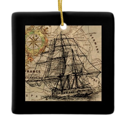 Vintage Ship And Map Ceramic Ornament