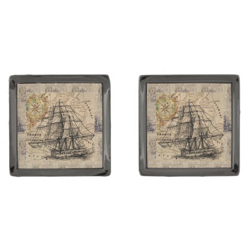 Vintage Ship And Map  Cufflinks