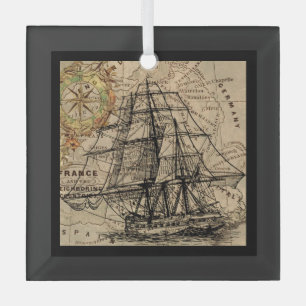 Vintage Ship And Map Glass Ornament