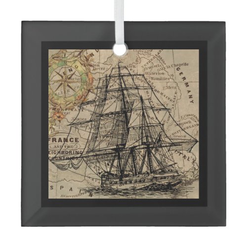 Vintage Ship And Map Glass Ornament