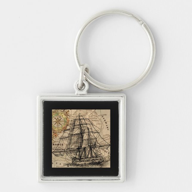 Vintage Ship And Map Keychain (Front)