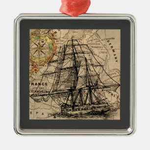 Vintage Ship And Map Metal Ornament
