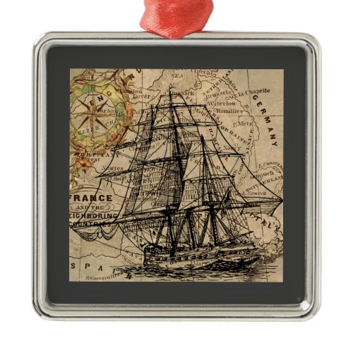 Vintage Ship And Map Metal Ornament
