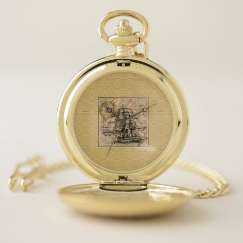 Vintage Ship And Map Pocket Watch