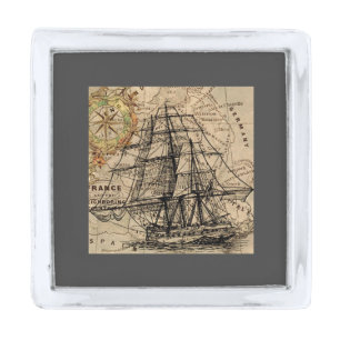 Vintage Ship And Map Silver Finish Lapel Pin