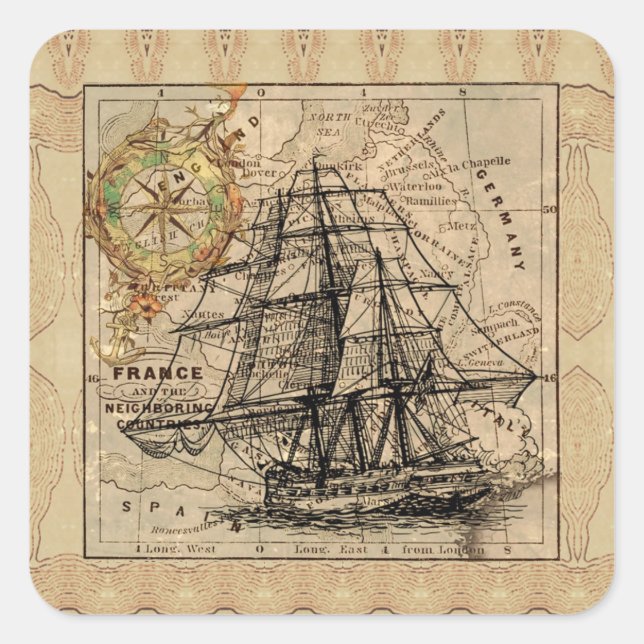 Vintage Ship And Map Square Sticker (Front)