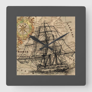Vintage Ship And Map Square Wall Clock