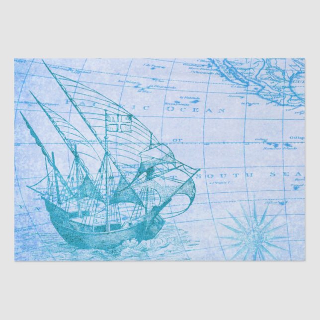 Vintage Ship and Map Tissue Paper (Front)