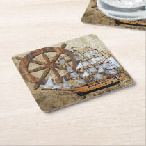 Vintage Ship and Steering Wheel Square Paper Coaster