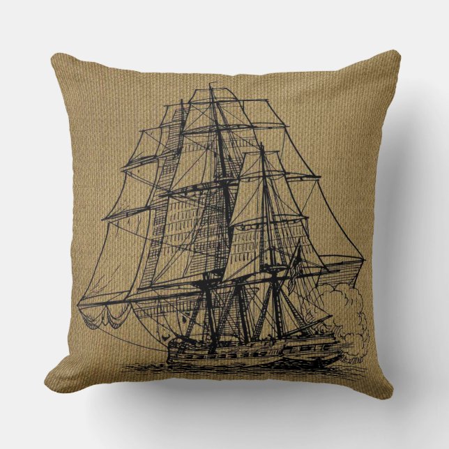 Vintage Ship Art on faux burlap Throw Pillow (Front)