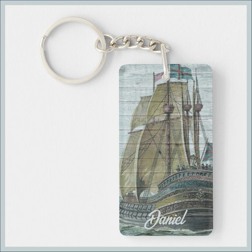 Vintage Ship Blue Green Wanderlust Theme  Keychain