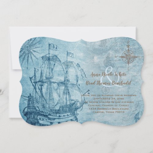 Vintage Ship Blue Nautical Wedding Invitation