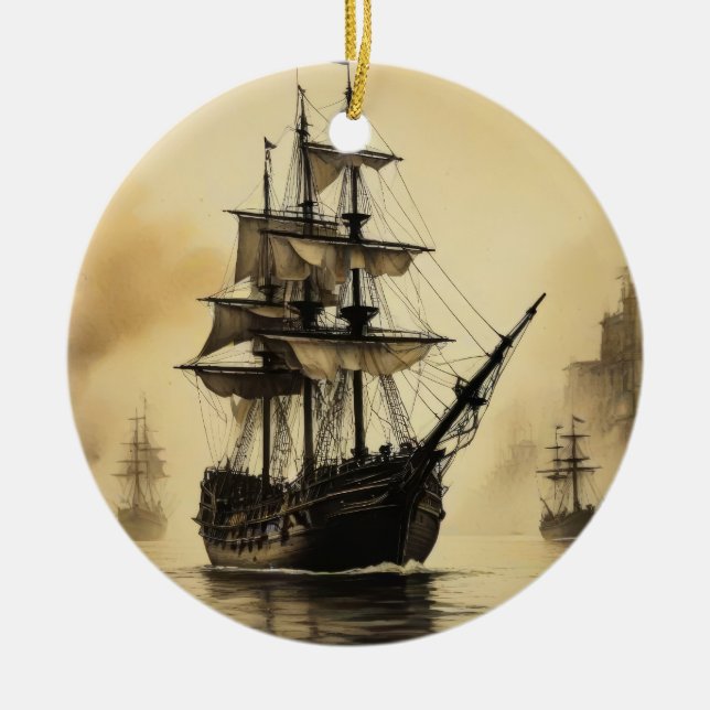 Vintage Ship Ceramic Ornament (Front)