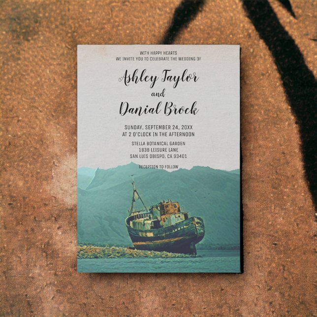 Vintage ship coastal beach destination wedding invitation (Creator Uploaded)