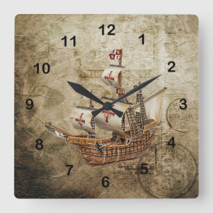 Vintage Ship Design Square Wall Clock