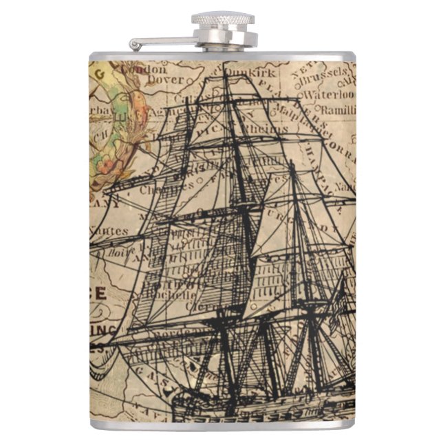 Vintage Ship Map Flask (Front)