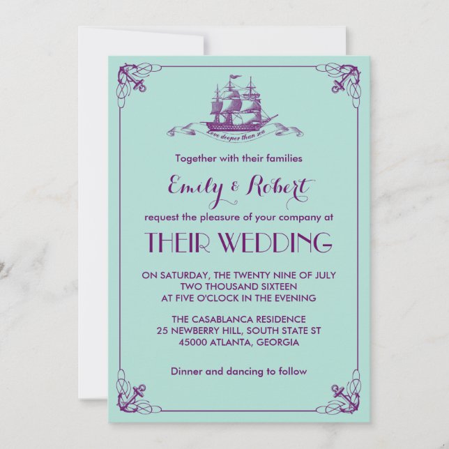 Vintage Ship Navy Wedding Invitation Teal Purple (Front)