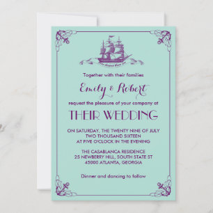 Vintage Ship Navy Wedding Invitation Teal Purple
