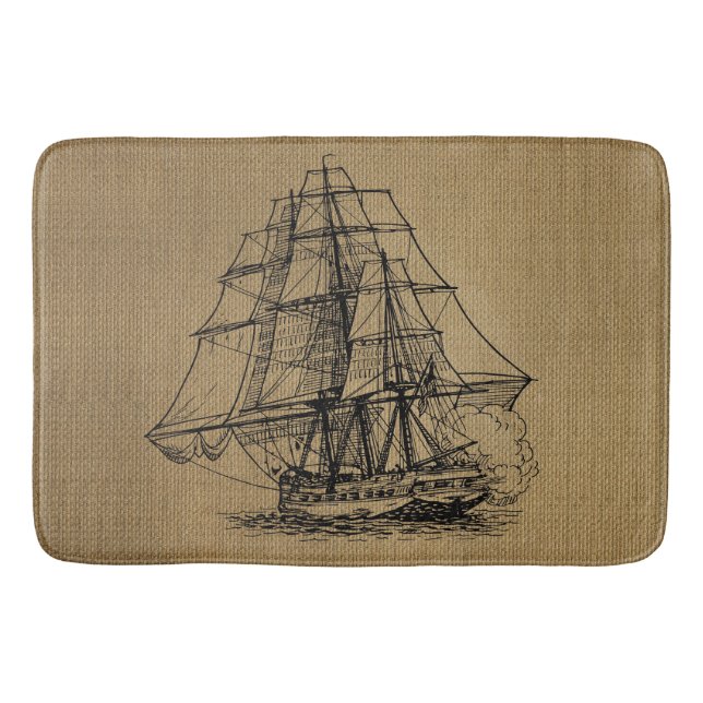 Vintage Ship on Rustic faux burlap Bath Mat (Front)