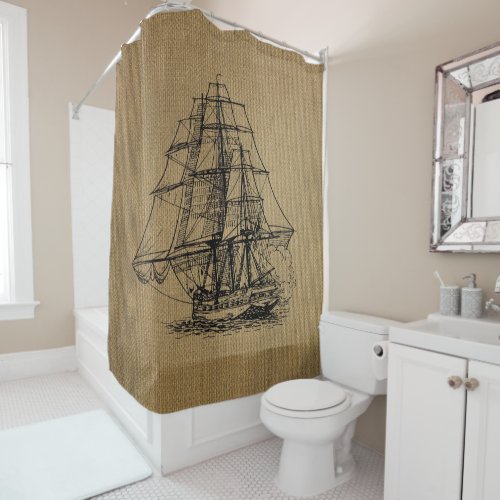 Vintage Ship on Rustic faux burlap Shower Curtain