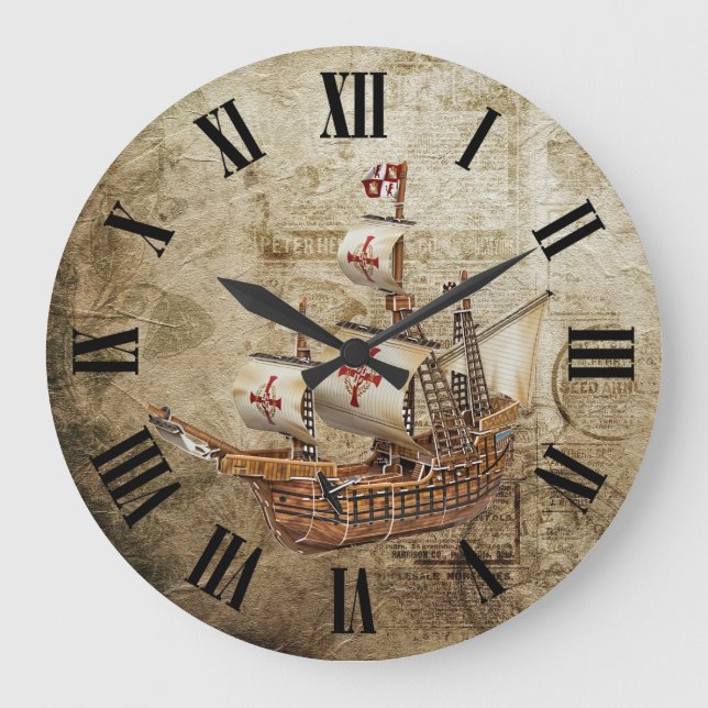 Vintage Ship Roman Numerals Design Large Clock (Front)