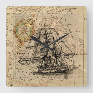 Vintage Ship Square Wall Clock