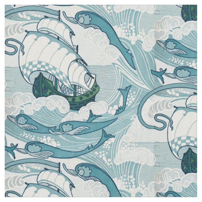 Vintage Ships And Dolphins Pattern Fabric (Close Up)