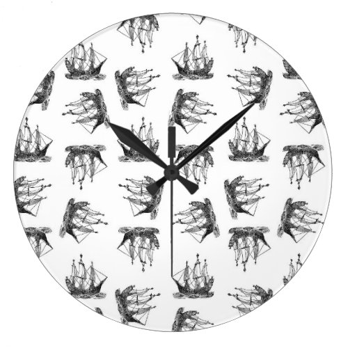 Vintage Ships Ocean Themed Art Pattern Retro Style Large Clock