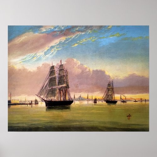 Vintage ships trade card Boston harbor poster
