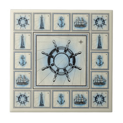 Vintage Ships Wheel Collage Ceramic Tile