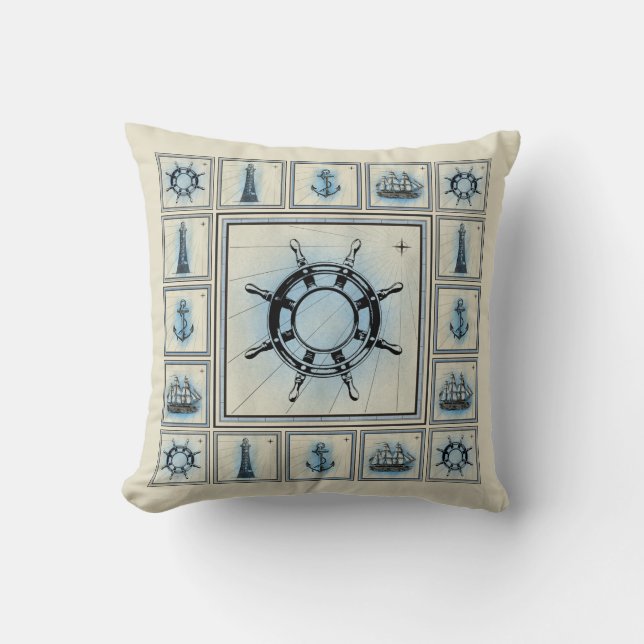 Vintage Ship's Wheel Collage Throw Pillow (Front)