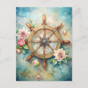 Vintage Ship's Wheel Pink Cream Roses Ocean Postcard