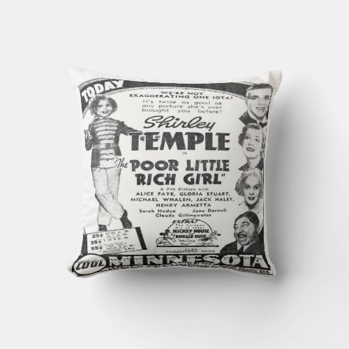 Vintage Shirley Temple Film Advert Throw Pillow