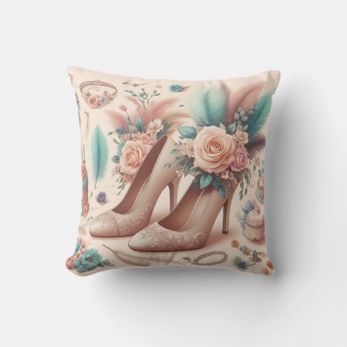 Vintage Shoes Rose Feather Fashionista Elegance Throw Pillow