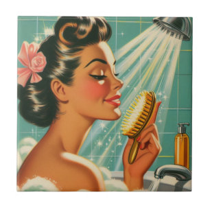 Vintage Shower Pin Up Ceramic Tile