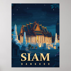 Vintage Siam Bangkok Temples Travel Poster