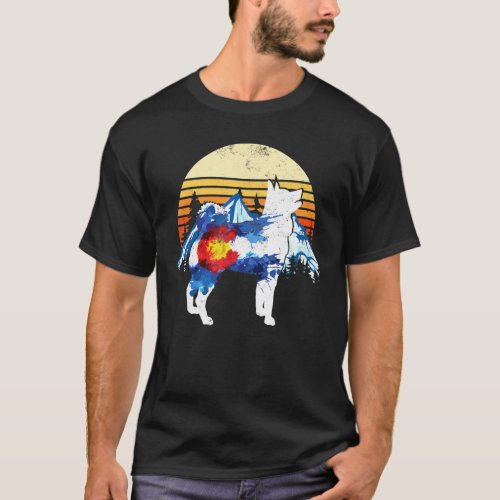 Vintage Siberian Husky Dog Colorado Flag Sunset Re T_Shirt
