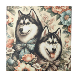 Vintage Siberian Husky Illustration Ceramic Tile